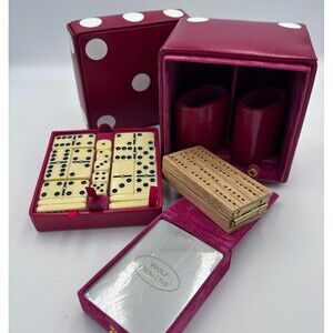 WOLF Designs Red Dice Box Game Set Dominoes Cribbage Cards Dice Complete